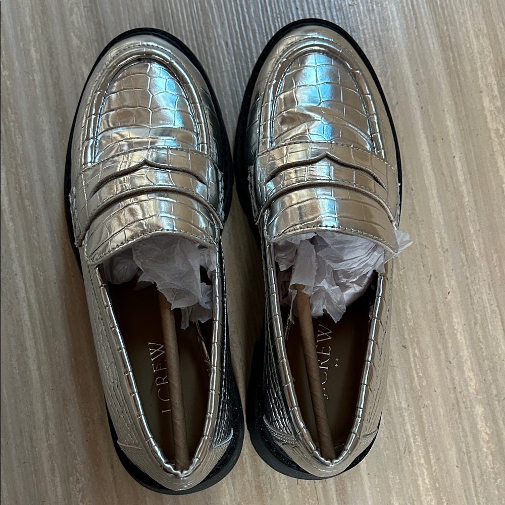 J. Crew Silver Croc-Embossed Penny Loafers
